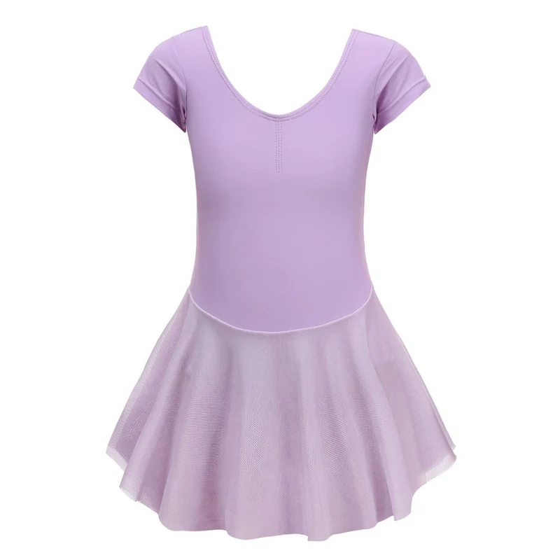 

Solid Color 2In1 Short Sleeve Girls' Classic Ballet Dance Leotards With Gauze Skirts Gymnastics Stage Performance Uniforms