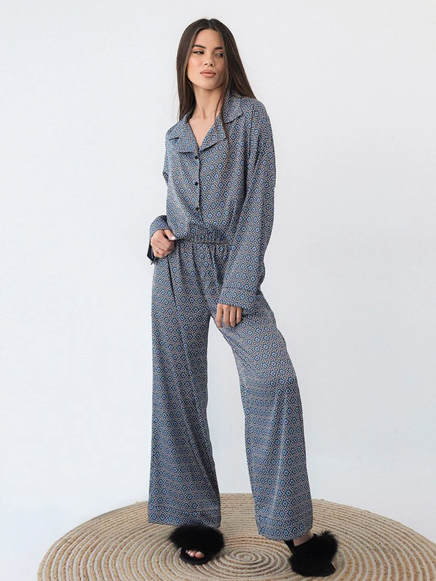 Marthaqiqi Printing Female Pajamas Suit Sexy Turn-Down Collar Sleepwear Long Sleeve Nightgowns Pants Casual Ladies Nightwear Set