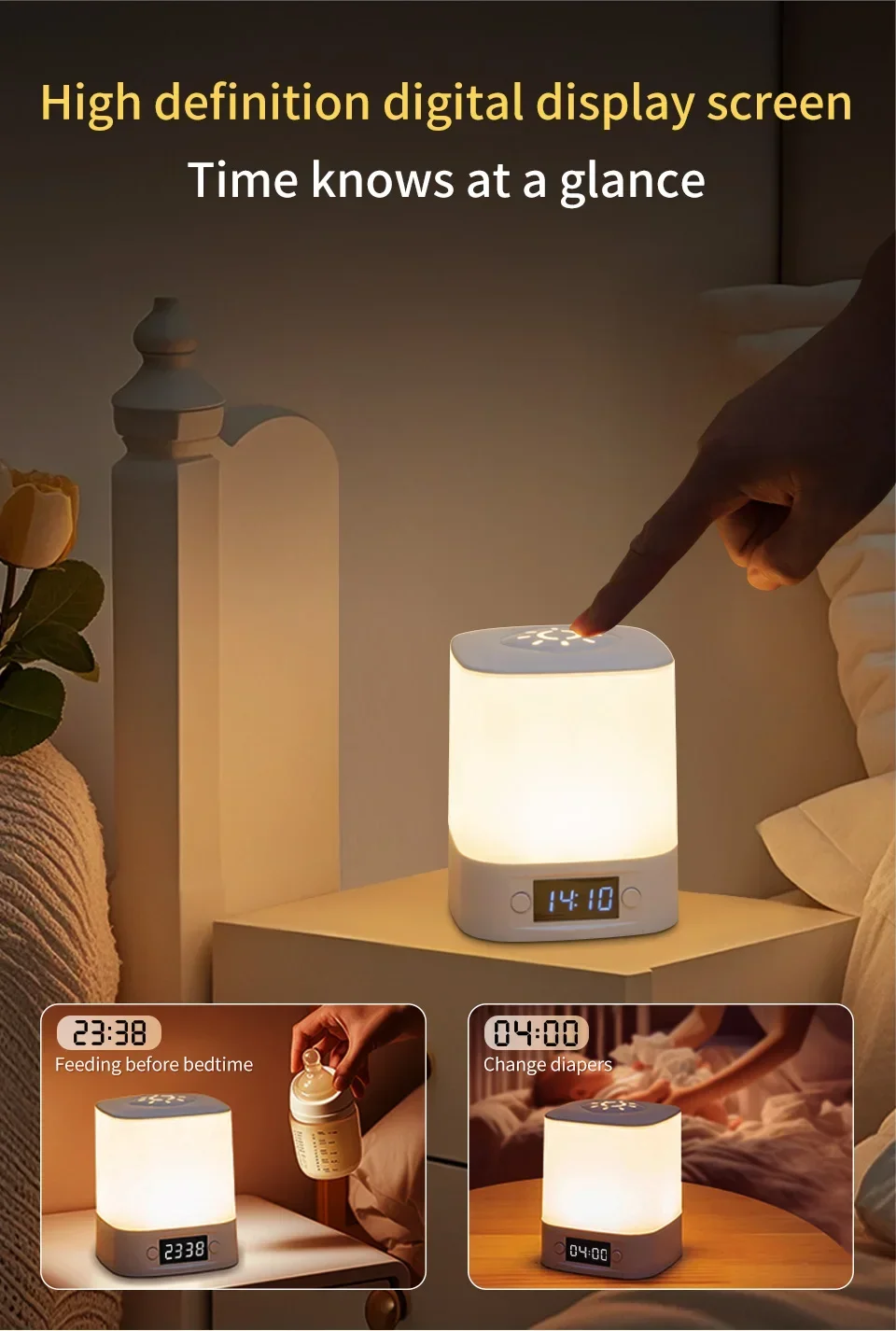 Rechargeable Led Night Light with Time Display USB-Powered Adjustable Brightness Bedside Lamp for Baby Nursery Reading Bedroom