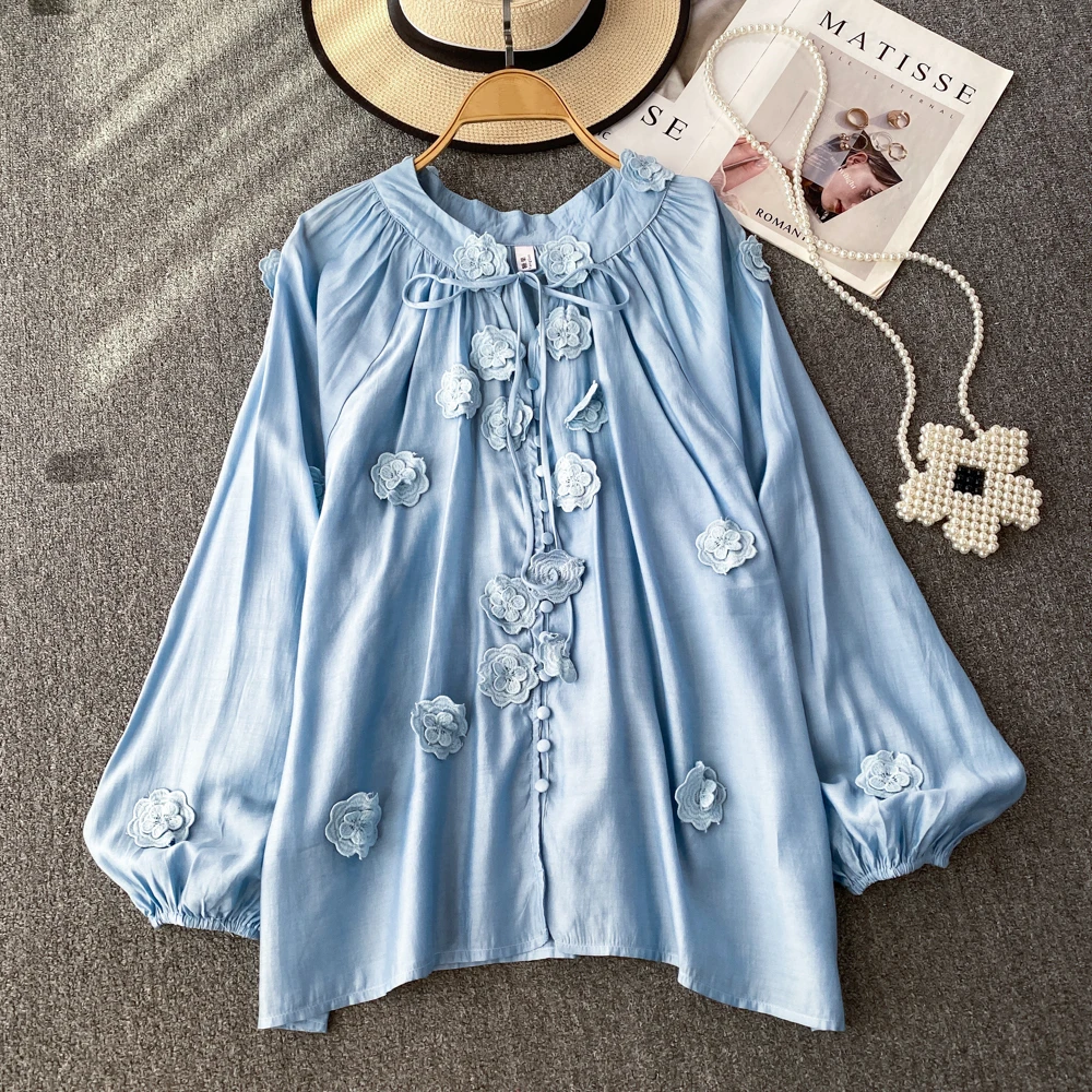 

Clothland Women Vintage Flower Loose Blouse Lace Up Lantern Sleeve Shirt Oversized Chic Fashion Tops Blusa Mujer LA877