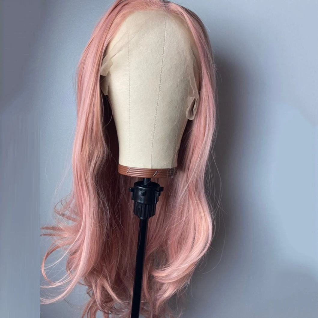 Pastel Pink Wig Long Wavy Hair Synthetic Lace Front Wig For
