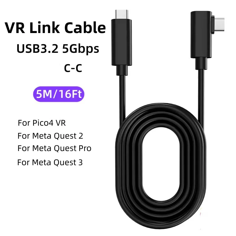 16피트(5미터) 링크 충전 케이블 (퀘스트 3S/3, 메타 퀘스트 프로, 피코 4, PS5, PSVR2 액세서리, PC USB 3.2 타입 C, 퀘스트 3R 링크 케이블)