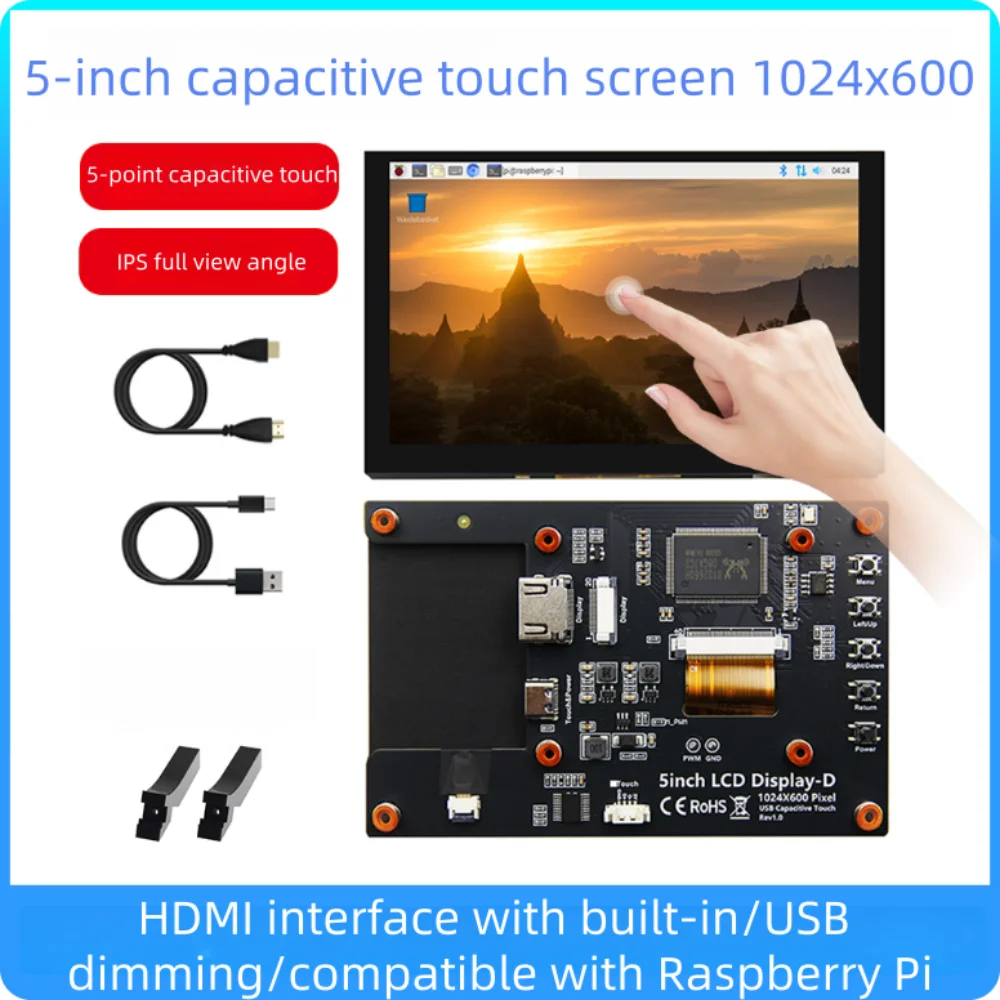 라즈베리 파이 5/4B 호환, 5인치 HDMI 디스플레이 정전식 터치스크린 모니터, 고화질 IPS, 라즈베리 파이에 적합