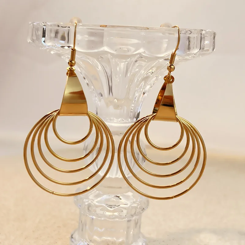 Temperament 18K Gold Plated Geometric Pearl Dangle Earrings Hypoallergenic Multi Layer Circular Ring Ear Hoops Statement Jewelry