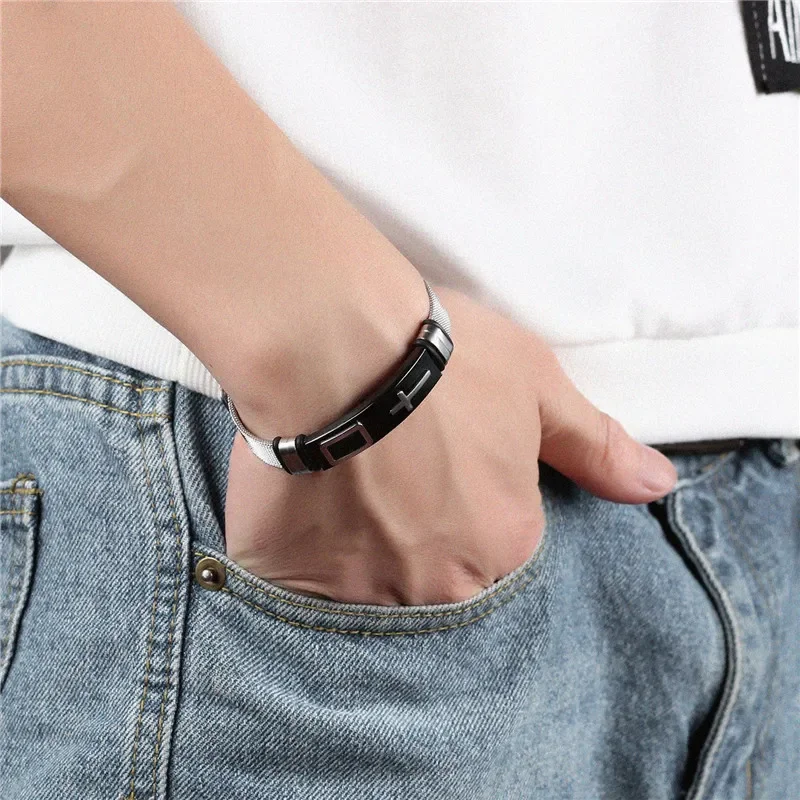 Bracelet Jewelry Length Adjustable Stainless Steel Strap Bracelets For Man Women Watch Band Style Punk Net Band Christian Cross Prayer Male