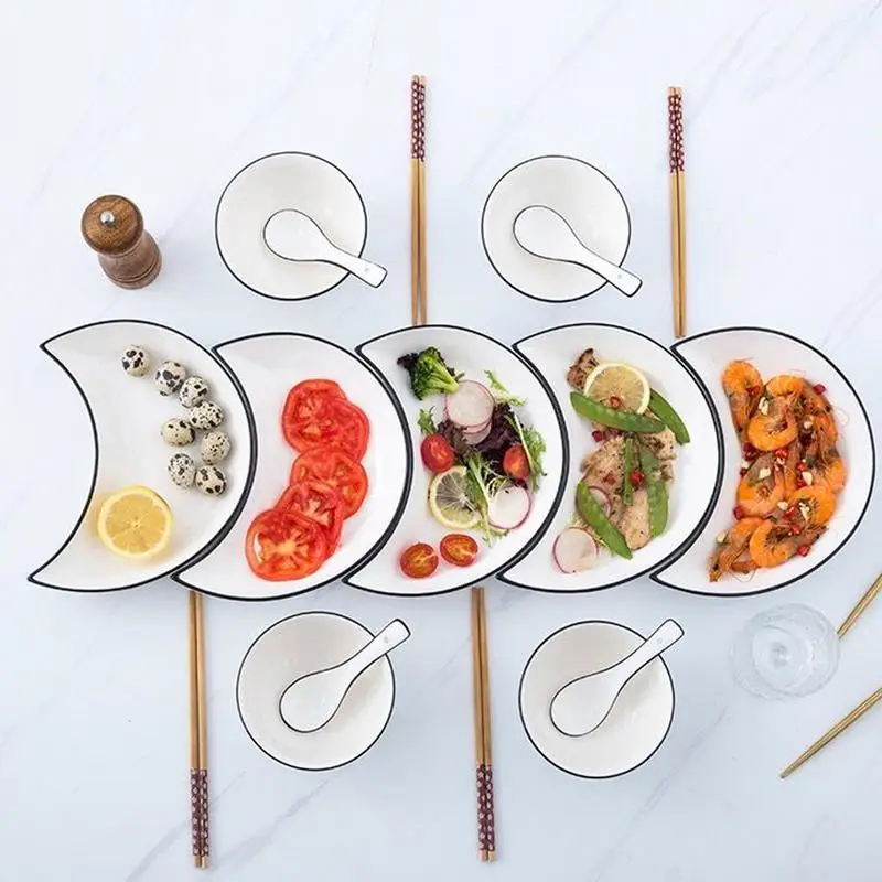 5pcs set Ceramic Dinner Plates Moon Shaped Ceramic Serving Plate Dessert Salad Plate Set for Steak Pasta Dinnerware Sets