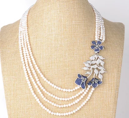

20" 4 Strands White Pearl Necklace CZ Flower Pendant
