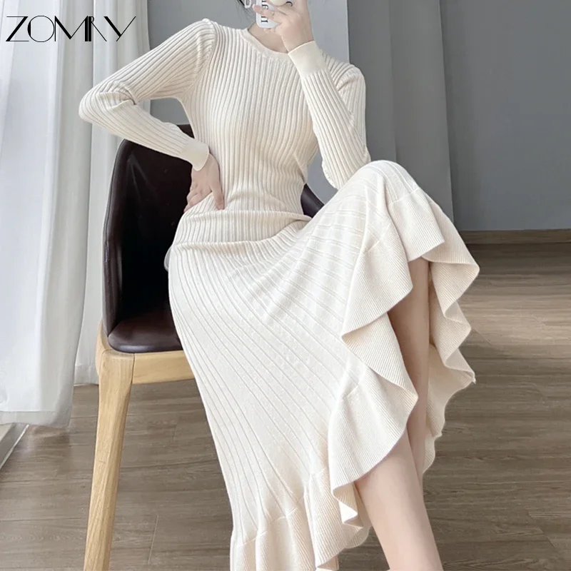 

ZOMRY Autumn Winter Sweater Slim Bottoming Knitted Dress Women O-neck Long Seleeve Ruched Mermaid Fashion Basics Casual Clothing