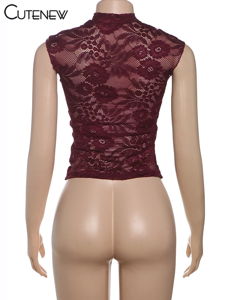 Chalecos de retazos de encaje para mujer, moda sexy, ahuecados, cuello redondo, Jacquard, transparentes, ajustados, elegantes, ropa de calle salvaje, tanques para mujer