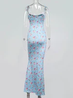 Summer Woman Blue Floral Dress Sexy Backless Sleeveless Bandage Maxi Dresses for WoParty Chic Lady Clothes