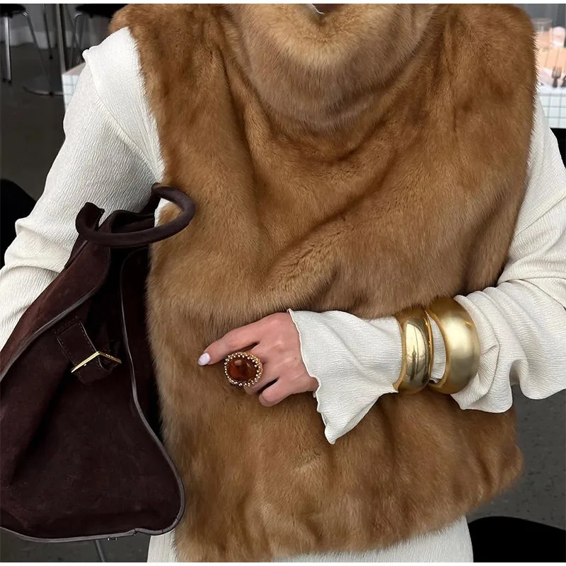 Women Solid Stand Collar Faux Fur Vest Chic High Collar Sleeveless Loose Short Waistcoat Casual 2025 Lady Daily New Street Vests