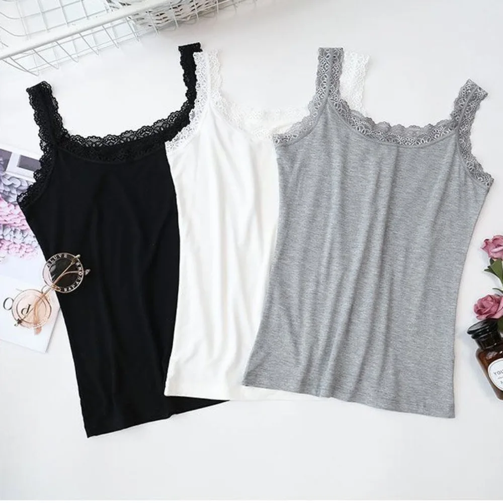 Casual U Neck Summer Tank Tops Sleeveless With Lace Cami Top Shirt Underwear Slim Vest Corset for Women