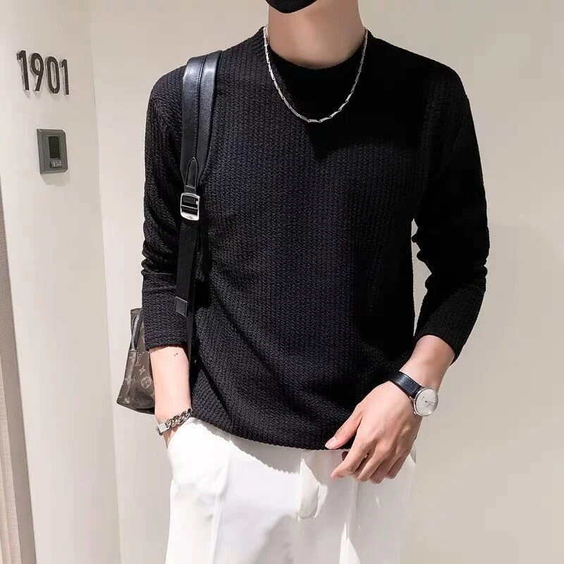 Spring Autumn New Solid Color Fashion Long Sleeve Sweatshirts Man High Street Casual Loose Waffler Pullovers Comfortable Tops