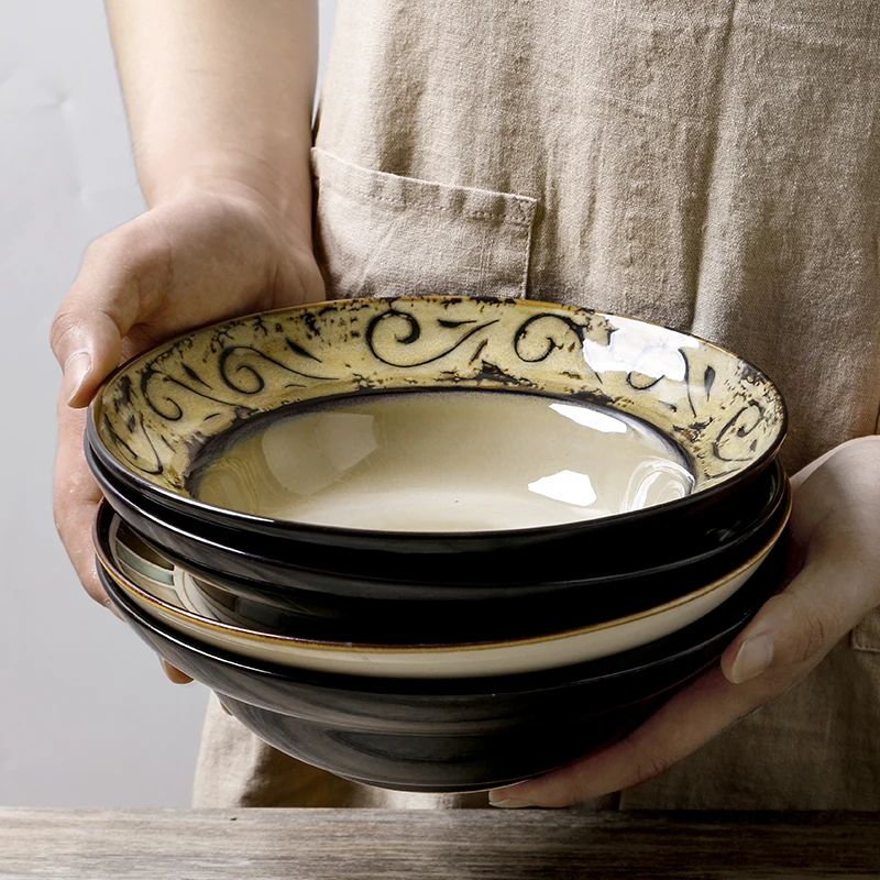 Japanese Style Ceramic Soup Plate Creative Vintage Straw Hat Shaped Deep Dish Household Pasta Salad Dinner Tableware