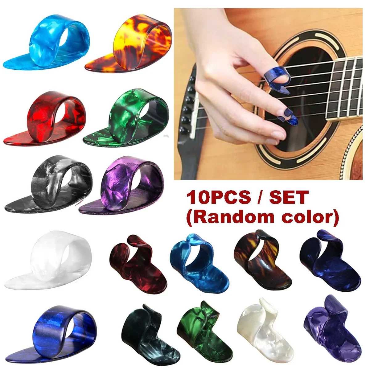 10pcs Celluloid Guitar Finger Picks Thumb/Index Sizes Fingerstyle Protector Anti-Slip Design Bass Acoustic/Electric  Guitar