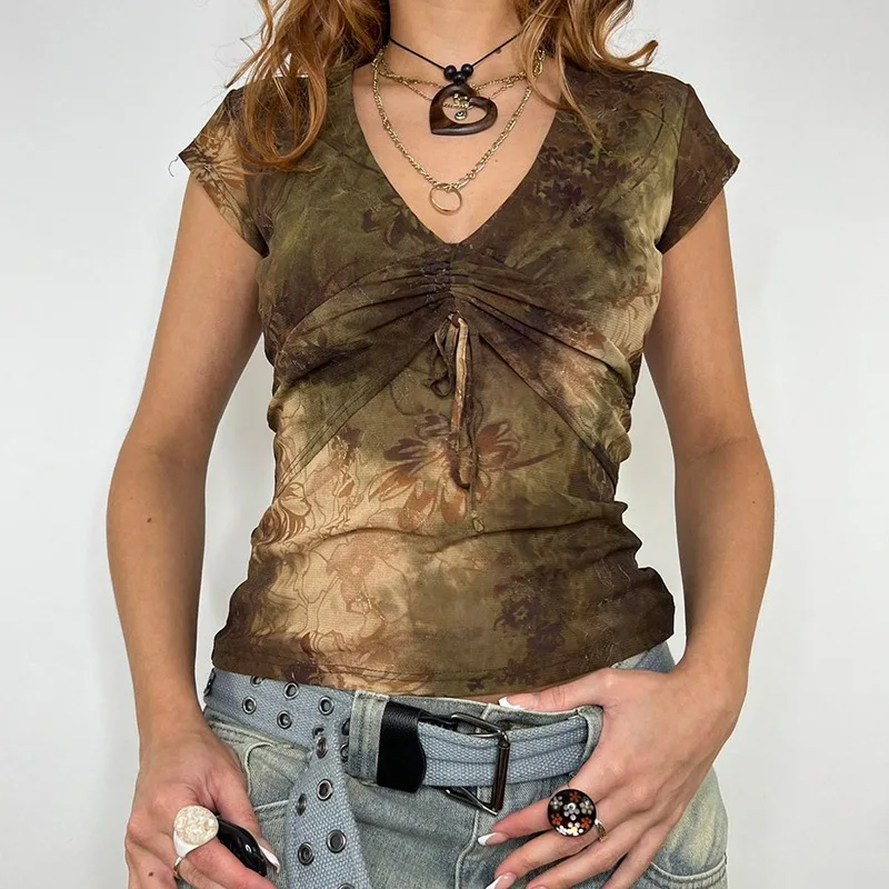 

2000s Vintage Print Short Sleeve Brown Tee Women Chic Fold V-neck Drawstring Gothic T-shirt Harajuku Aesthetic Y2K Streetwear