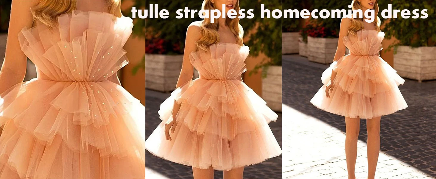 Tüll Off Shoulder Homecoming Kleider Puffy Ballkleid Kurzes trägerloses Mesh Rüschen