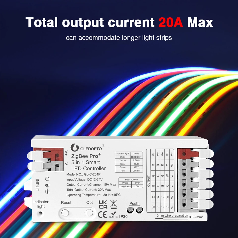 GLEDOPTO ZigBee 3.0 DC5-24V Mini 5 In 1 RGBCCT RGBW RGB CCT Dimmer LED Strip Light Control 6A Max For PWM Dimming LED Strip Compatible With Hub Bridge Conbee Home Assistant
