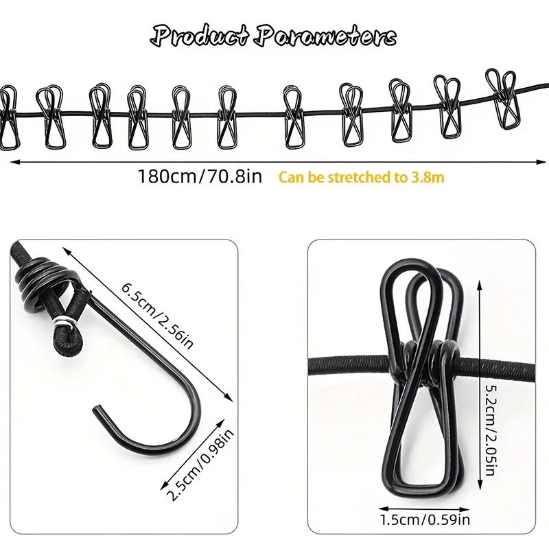 Clothes Drying Rack Portable Elastic Travel Windproof Outdoor Clothesline with 12 Clips for Backyard Balcony