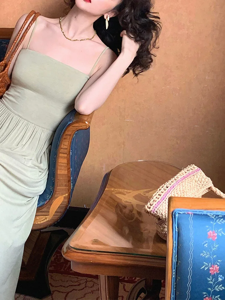 

Fashion Dresses for Women Sleeveless French Style Vintage Dress Solid Spaghetti Strap Slash Neck 2023 New Spring Summer Dress