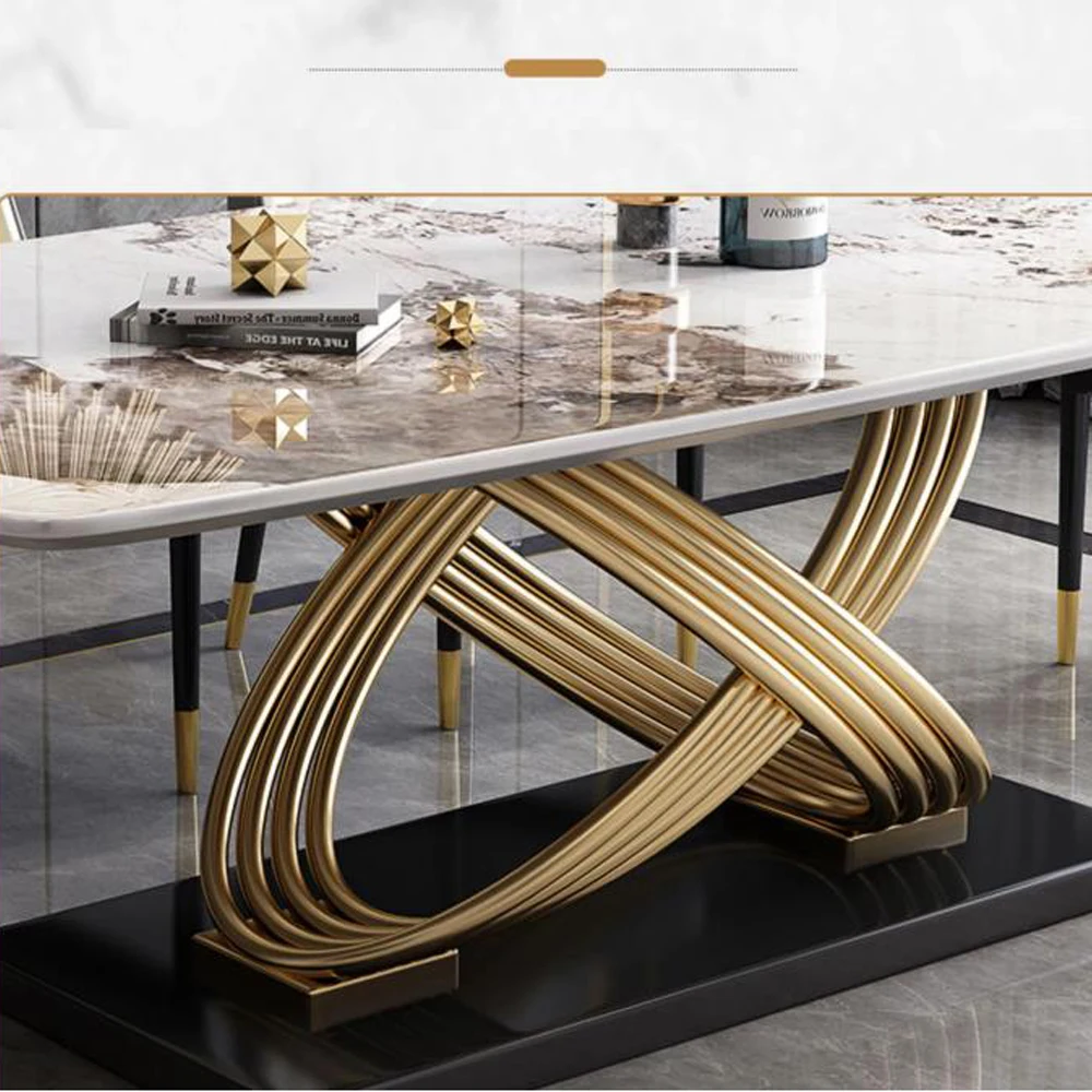 Modern Unique Design Stainless Steel Dining Tables and Chairs Marble Rectangular Modern Dining Table Set