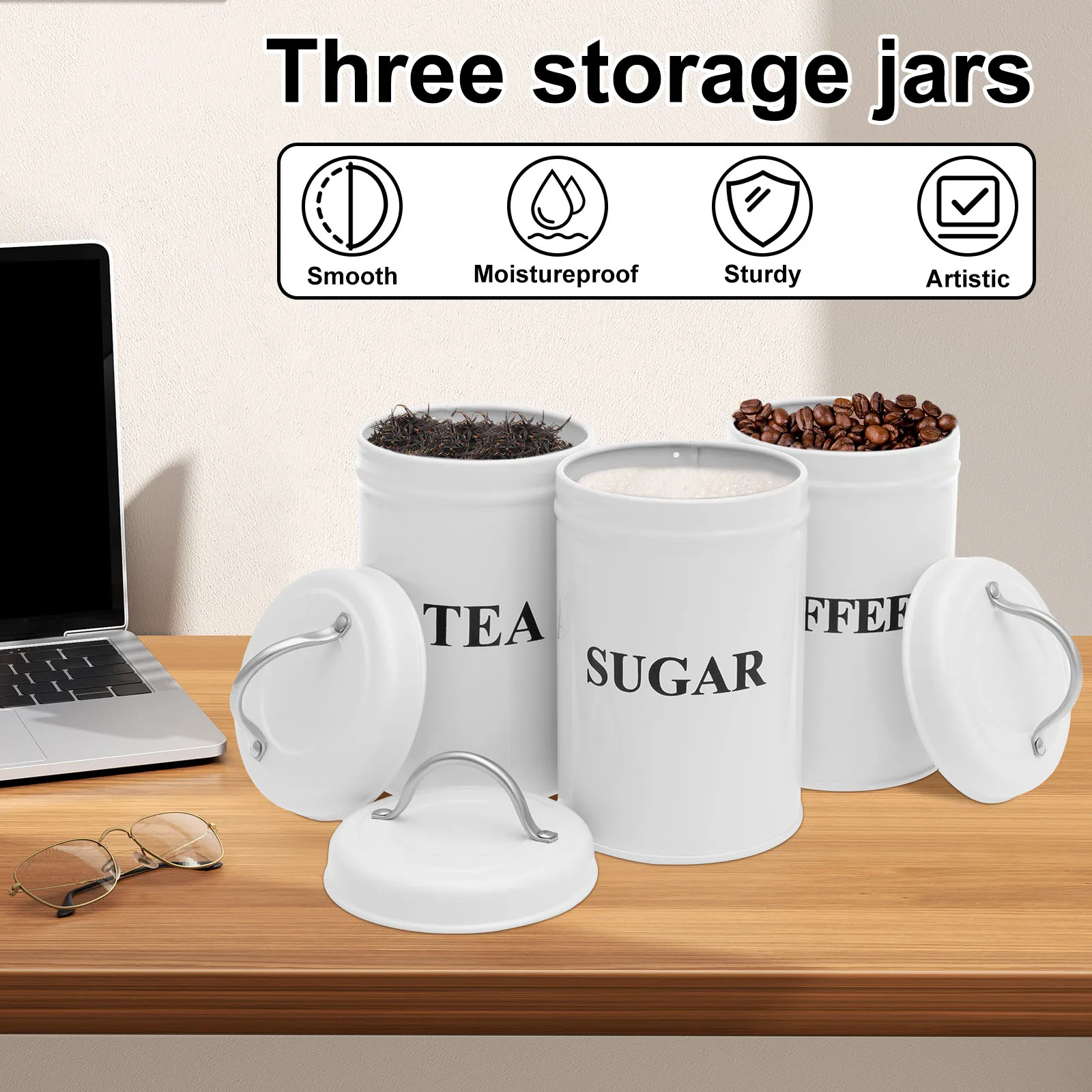 3Pcs Kitchen Storage Jars Tea Coffee Sugar Canister Set with Lid Metal Food Storage Containers Kitchen Sealed Cans Organizer 3