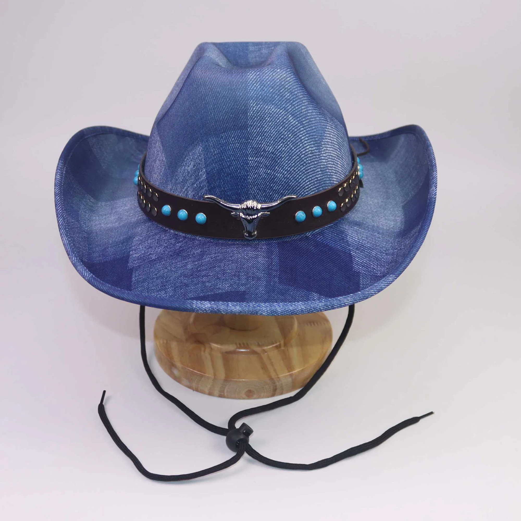 Stylish Unisex Denim Cowboy Hats with Bull Head Embroidery and Adjustable Wind Lanyard for Western Fashionistas