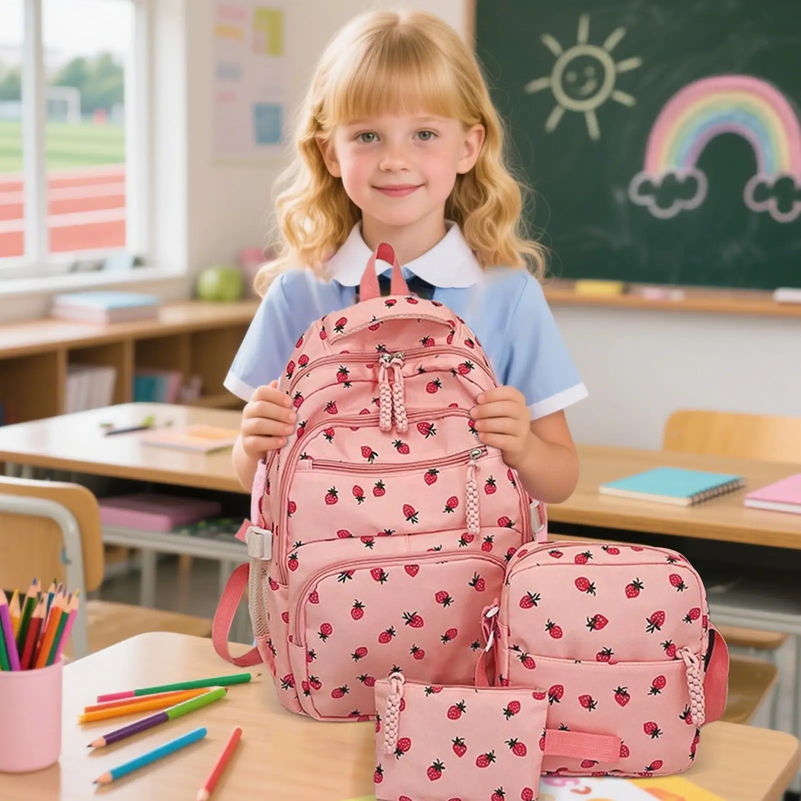 Strawberry Bookbag Set with Pen Purse & Shoulder Pouch - Cute Kids Backpack for School, Outdoor Trips, Camping & Preschool 3