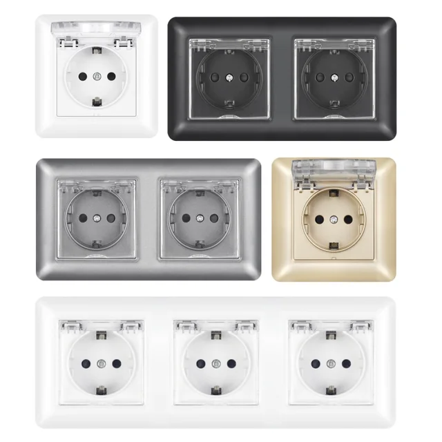 แผงปลั๊กไฟ SRAN มาตรฐานยุโรป 16A ปลั๊กไฟกันน้ำกันฝุ่น ฝาครอบพลาสติก สำหรับบ้าน ห้องครัว ห้องน้ำ ปลั๊กแบบยุโรป 1