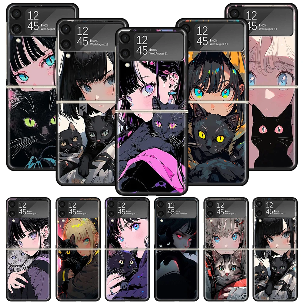 Anime Girls Cute Black Cat Phone Case Per Samsung Galaxy Z Flip 4 5 Flip3 5G Black Hard Cover Zflip4 Zflip5 Zflip3 Coque Fundas