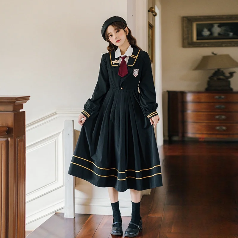 

Thick Retro Dress Preppy Style Uniform Sailor Collar Embroidery Sweet Pleated Business Attire