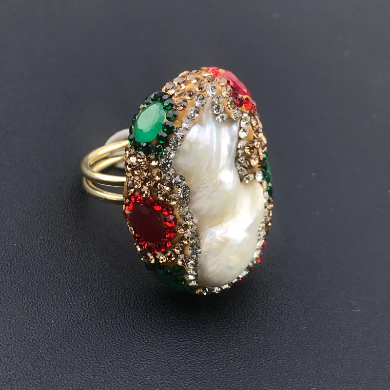 CSJ Hand-pointed diamond wrapping ruby and emerald freshwater pearl ladies ring court style retro noble and elegant jewelry