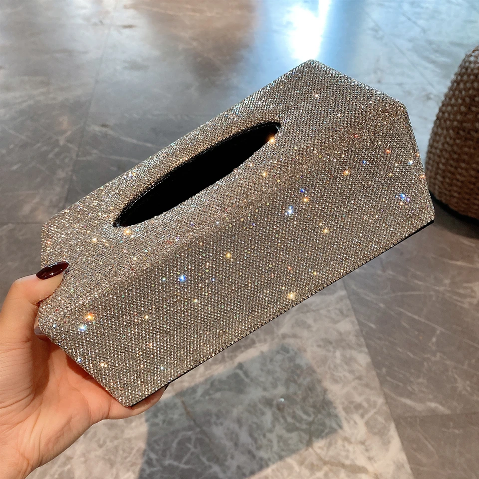 Leather Tissue Box with Rhinestones Car Container Desktop Napkin Toilet Holder Storage Case Home Living Room Paper Dispenser 3