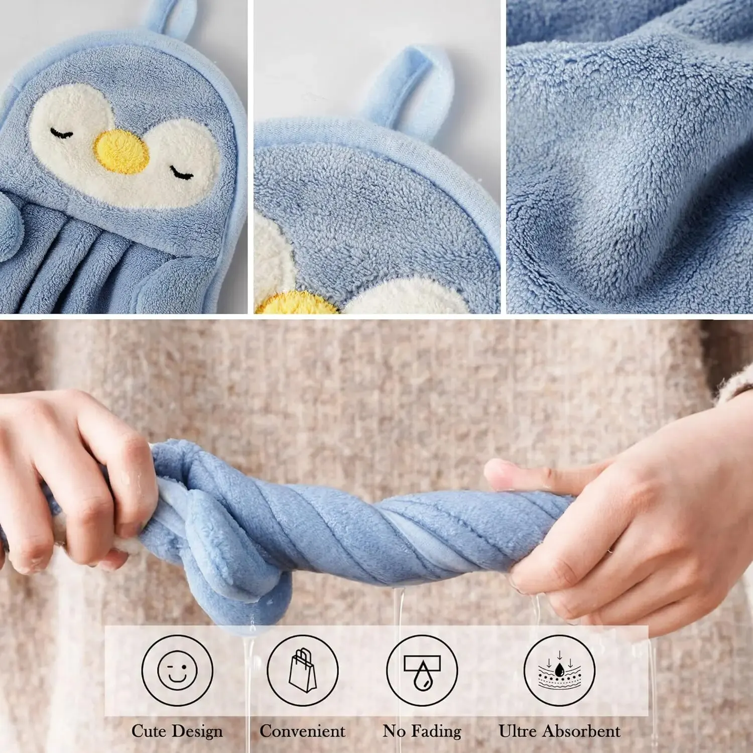 Cute Animal Kids Toddler Hand Towels for Home Bathroom Kitchen with Hanging Loop 2