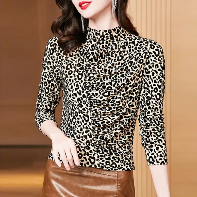 Fashion Turtleneck Gauze Folds Printed Blouse Women's Clothing 2023 Autumn Winter New Casual Pullovers Office Lady Shirt