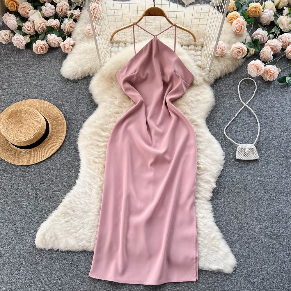 

Summer New French Senior Sense of Cross Halter Hanging Neck Waist Sleeveless Medium-length Evening Dress