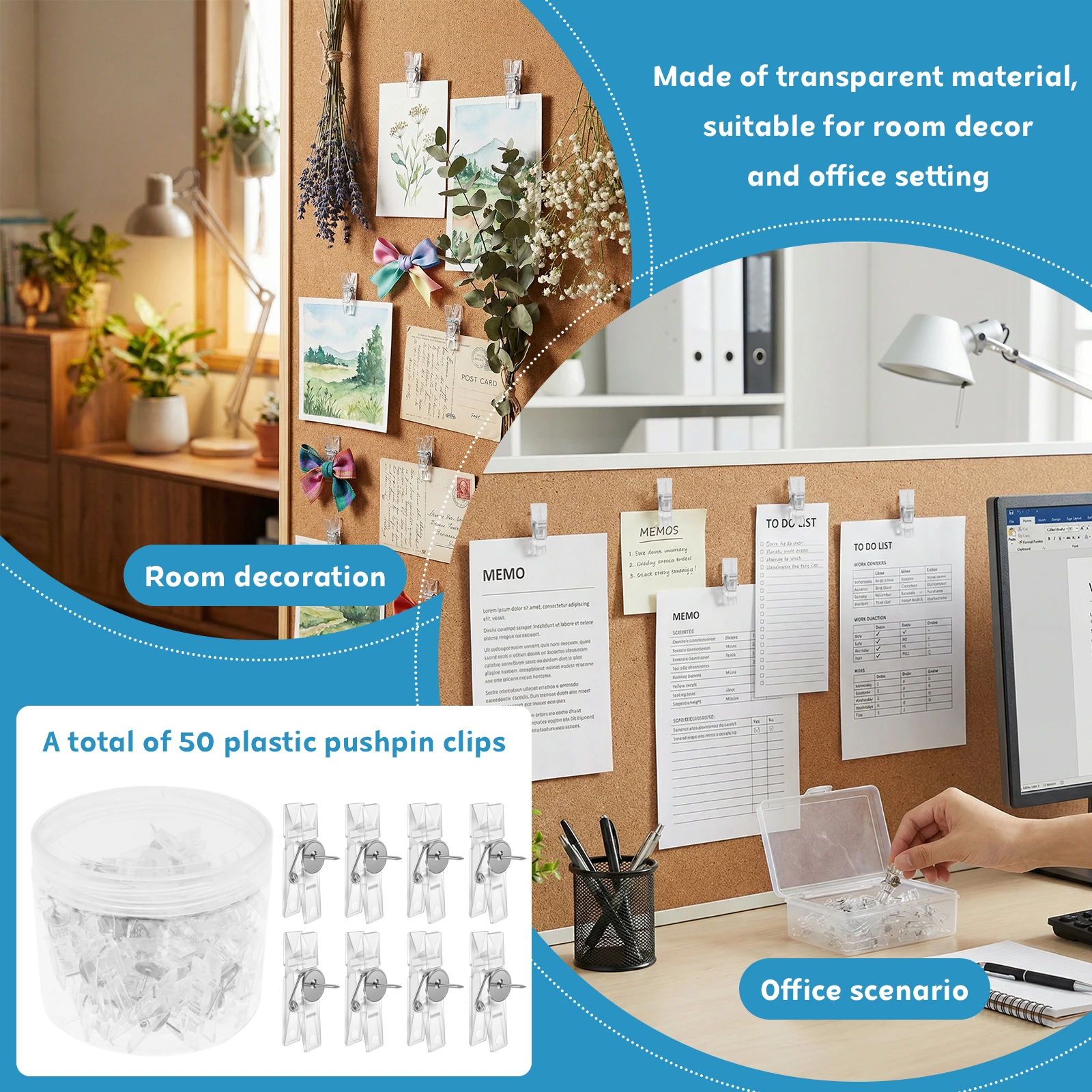 50Pcs 푸시 핀 클립 게시판 용 투명 압정 코르크 보드 사진 벽 장식 디스플레이 사무용품