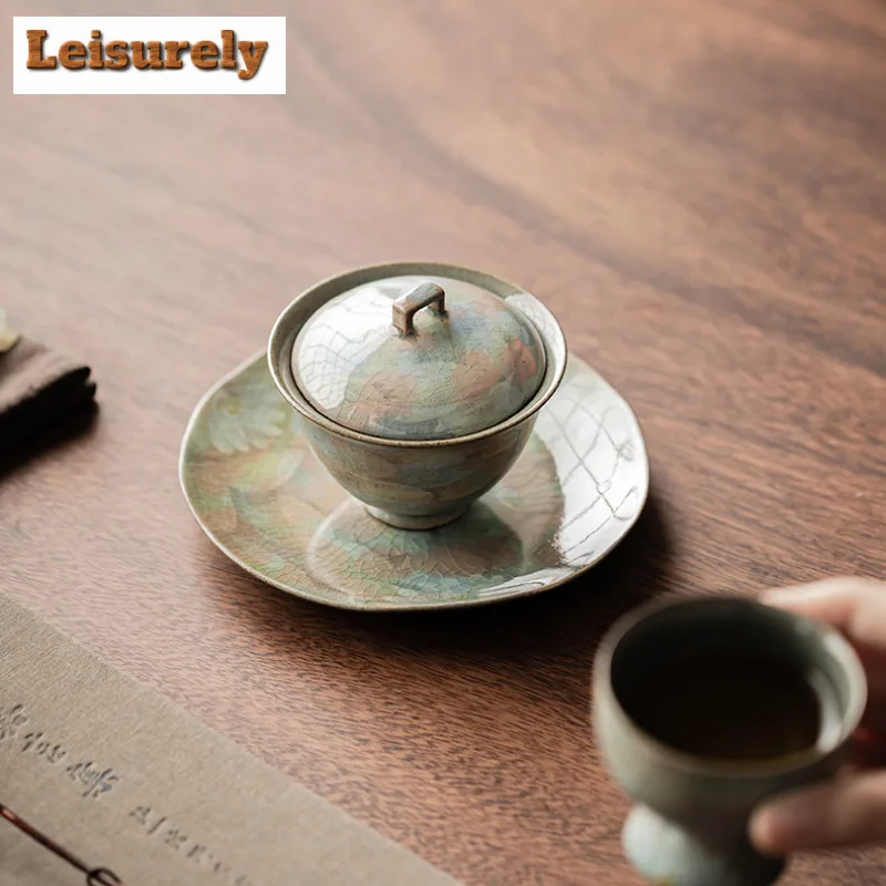 100ML Ice Crack Glaze Gaiwan Japanese Hand Drawn Daisy Tea Tureen Tea Bowl With Lid Kit Tea Brewing Cover Bowl Drinkware Gifts