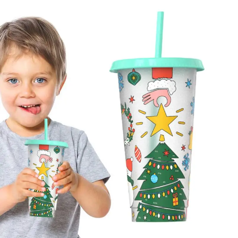 

Christmas Cup With Straw 24oz Christmas Water Cup Food-grade Reusable Sensing Cold Discoloration Cup With Lid For Iced Coffee
