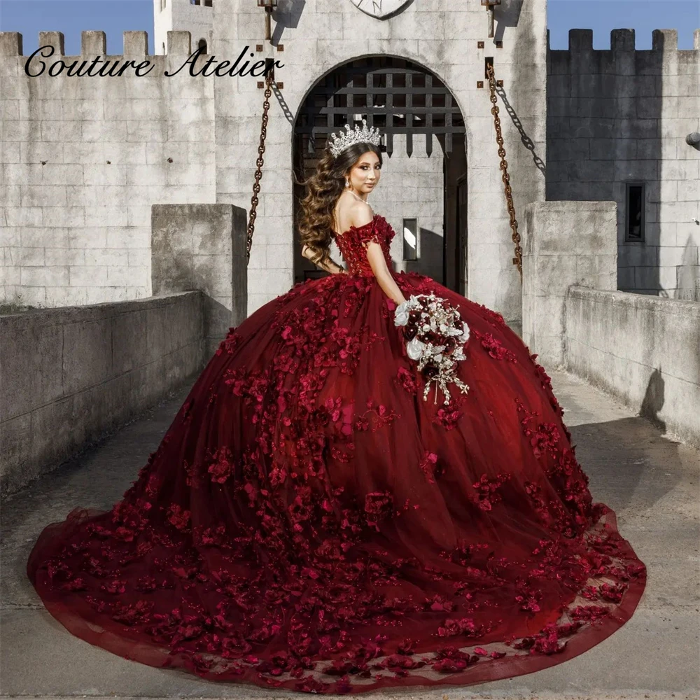 

Burgundy Quinceanera Dresses Ball Gown Birthday Party Dress Lace Up Graduation Gown Off The Shoulder Tulle quinceanera de 15 ano