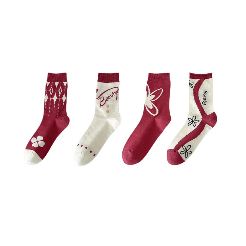 

4 Pairs of Women's Cotton Mid-Calf Socks Rose Red Stockings Girls Japanese Floral Warm Combed Cotton Socks