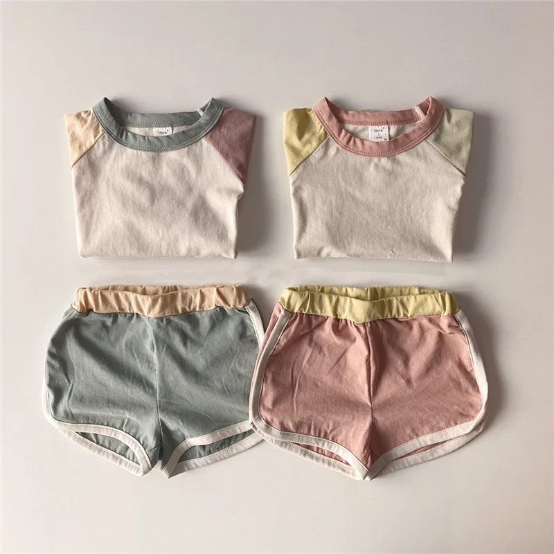 Infant children's suits baby clothes boys contrast color shoulder short-sleeved T-shirt girls baby simple casual shorts suit baby outfit matching set