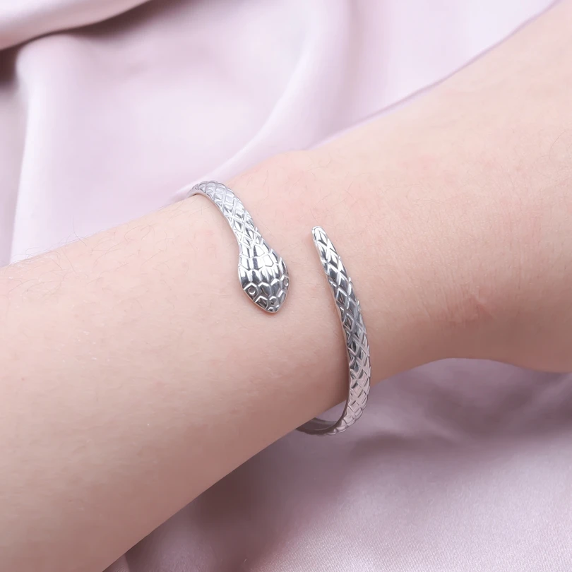 Fashion Simple Snake Shaped Open Cuff Bracelet Handcrafted Punk Stainless Steel Cuff Bangles Women Girls Birthday Jewelry Gifts 5
