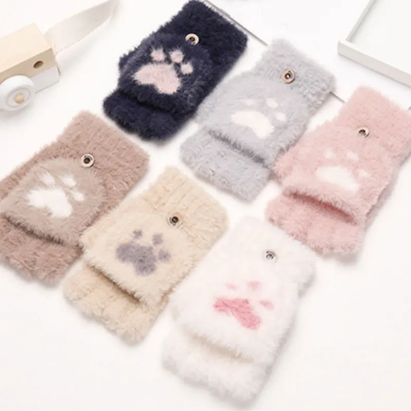 Kawaii Gloves Women Girls Lovely Winter warm Fingerless Gloves Fluffy Bear Plush Paw Claw Half Finger Gloves Mittens