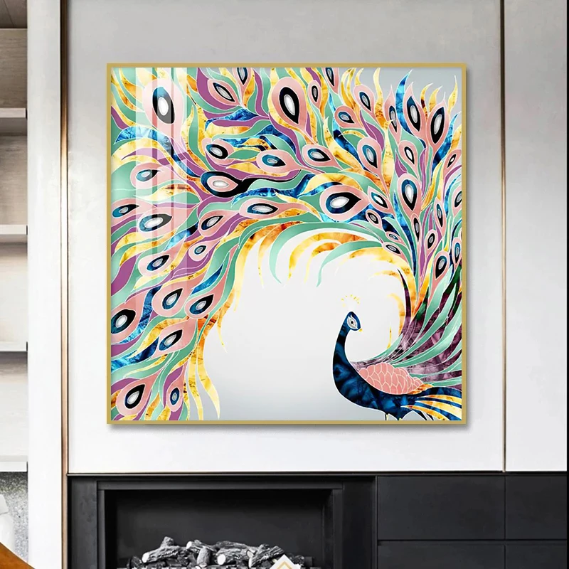 

Китайская традиционная красочная абстрактная эстетика павлина, золотые линии, холст, живопись, настенное искусство для гостиной, офиса, домашний декор