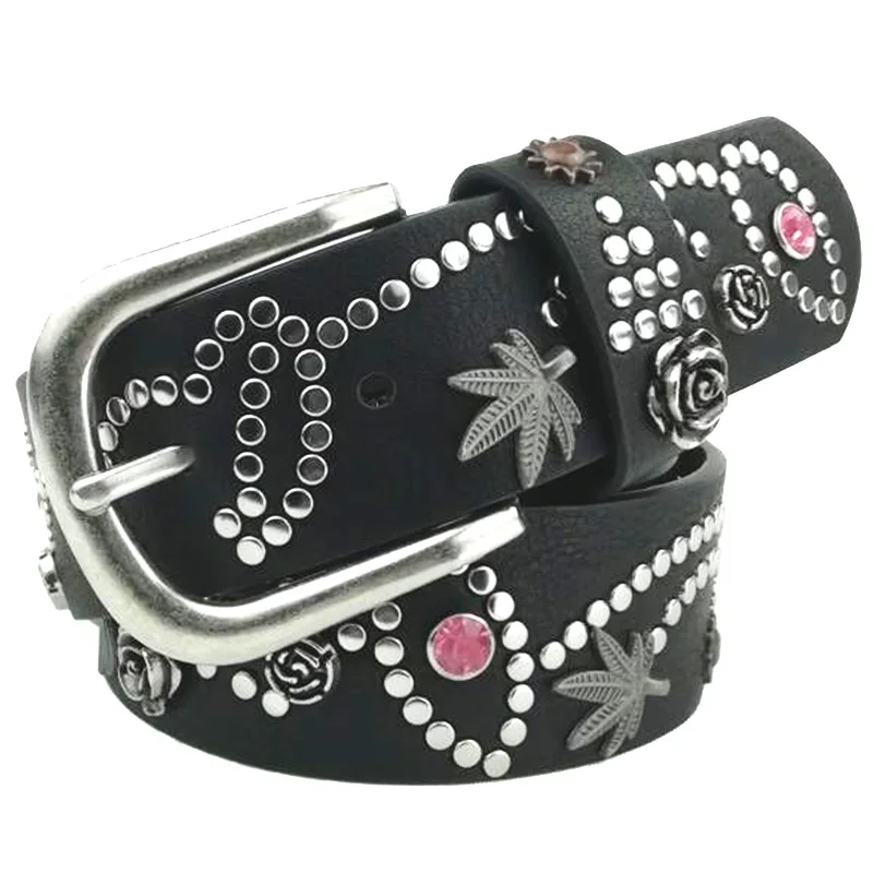 SupSindy Women Belt Luxury Brand Designer Leaves Flowers Rhinestone Rivets Pin Buckle PU Leather Belts for Women Jeans Waistband
