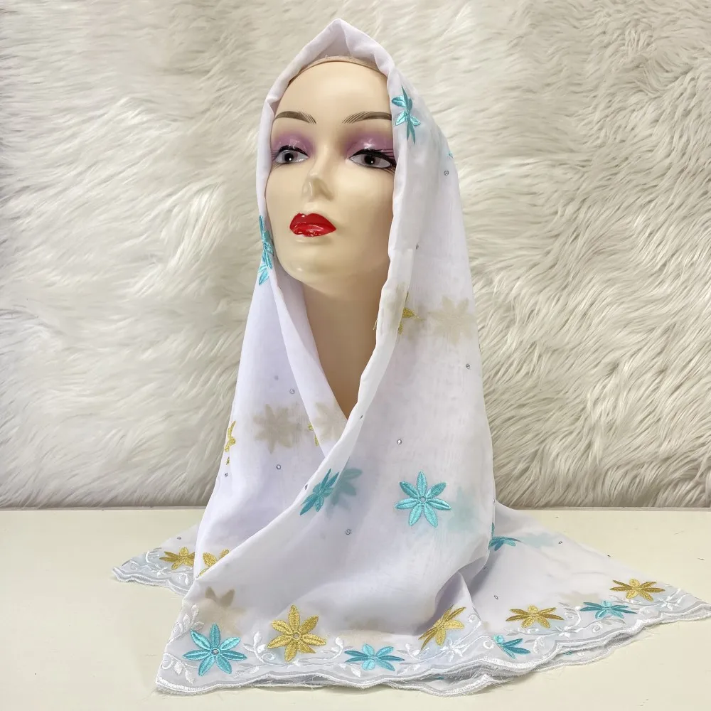 Different pattern Nigerian Gele Headtie With Stones 2023 High Quality African Embroidery Chiffon Head Scarf 2yards/1set