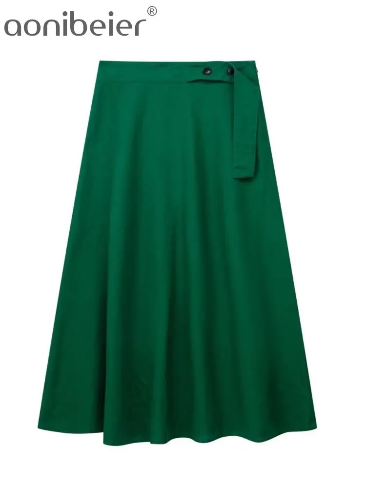 Aonibeier Summer Green Linen Women A Line Skirt Traf With Belt Buttons