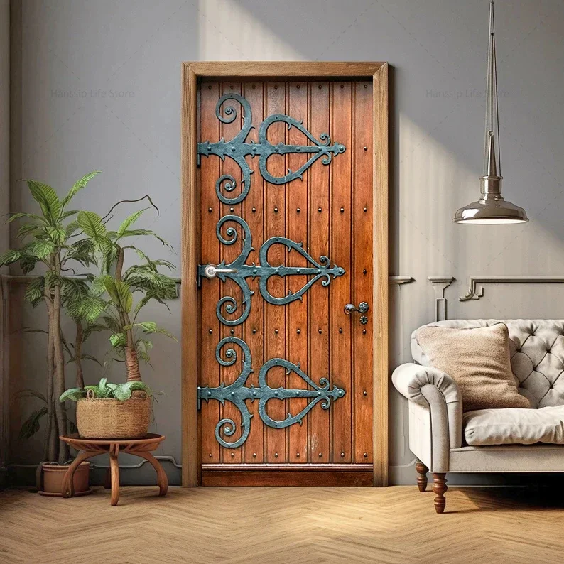Adesivo Murale 3D Effetto Porta, Autoadesivo Marrone 90x200 Cm, Rimovibile Per Porte, Camere, Soggiorno