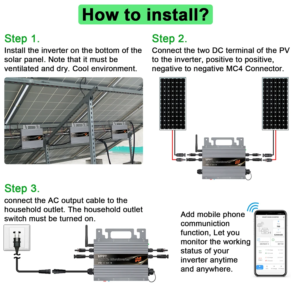 CNCEST Microinversor de 700 W, microinversor de rejilla solar, IP65, auto  enfriamiento, 120 V, inversores de potencia de identificación automática